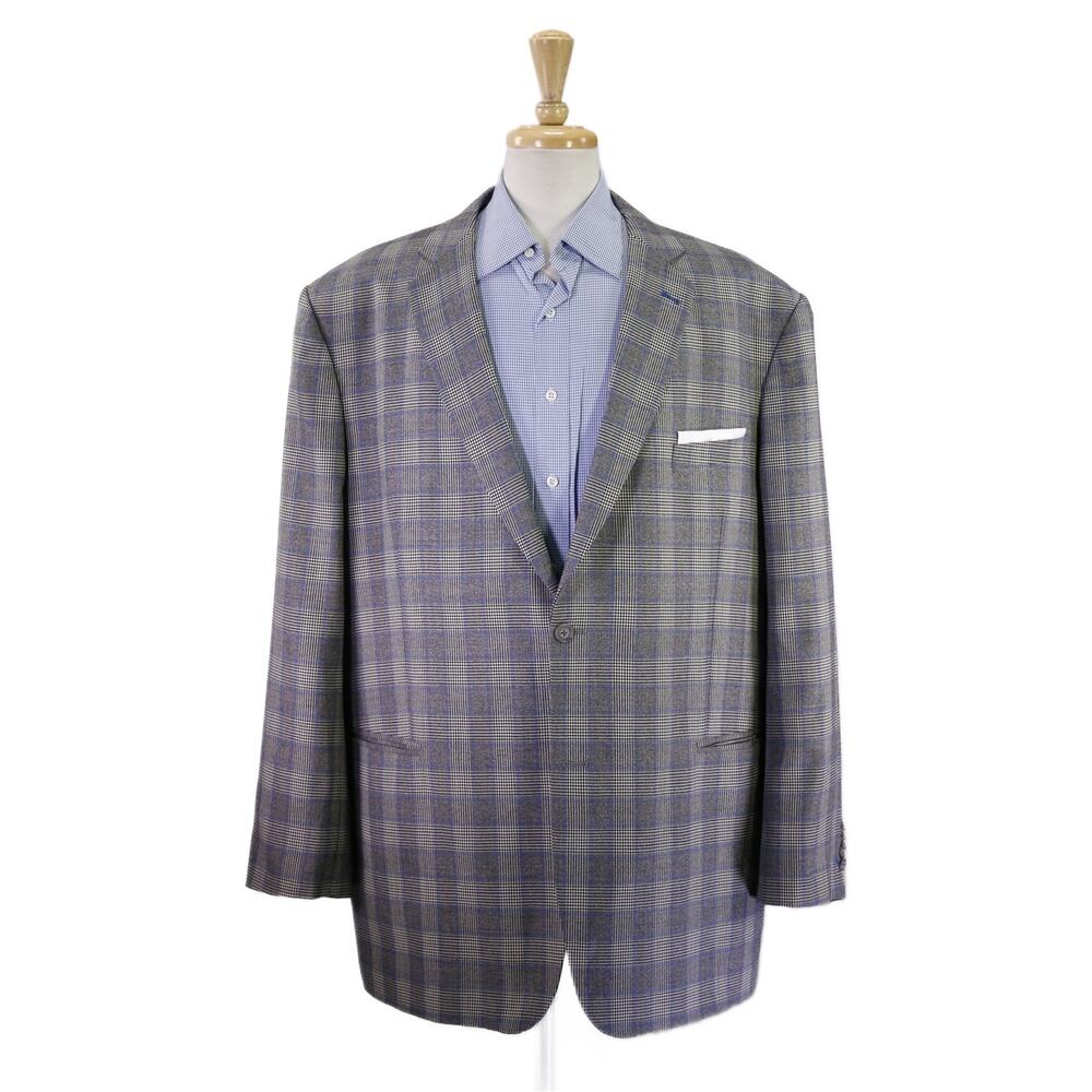 Custom Tailored Black White Blue Plaid 2-Btn Wool Sportcoat Blazer Big 54L